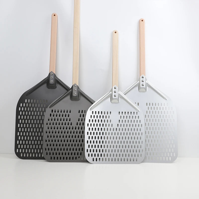Custom Logo Pizza Tools 12Inch Aluminum Pizza Peel with Detachable Wooden Long Handle Removable Perforated Pizza Peel
