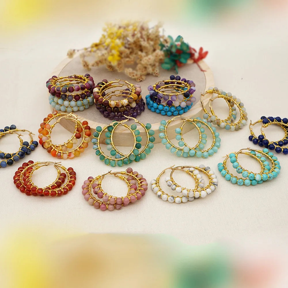 New Arrival Amethyst Agate Natural Gem National Style Women's Glass Beaded Ring Earrings