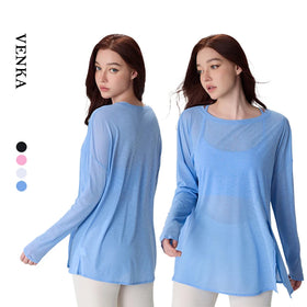 2024 Women's Long Sleeve Fitness Gym Shirt Breathable Light Weight Sports Top with Neck Bottom Opening Plus Size