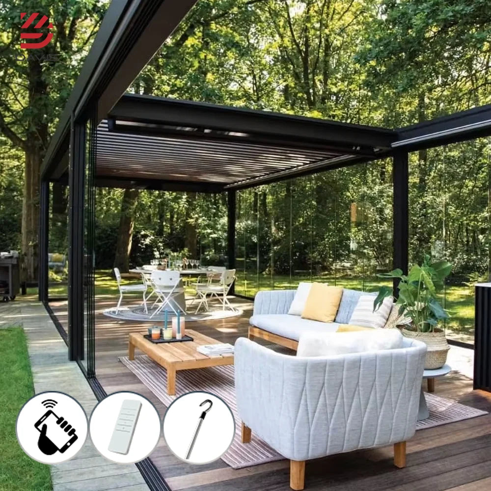 Outdoor Customized Waterproof Balcony Roof Gazebo Garden Pavilion Electric Louvered Pergola With LED Auvent Metal Garden Pergola