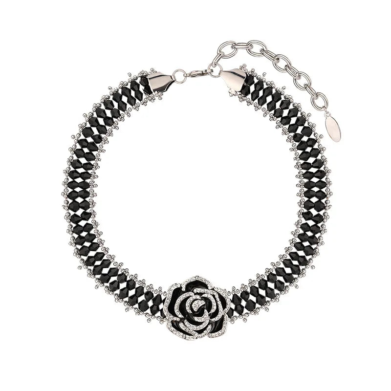 AA00065 Black Rose Handmade Beaded Necklace French Vintage Rhinestone Black Crystal Flower Choker Necklaces