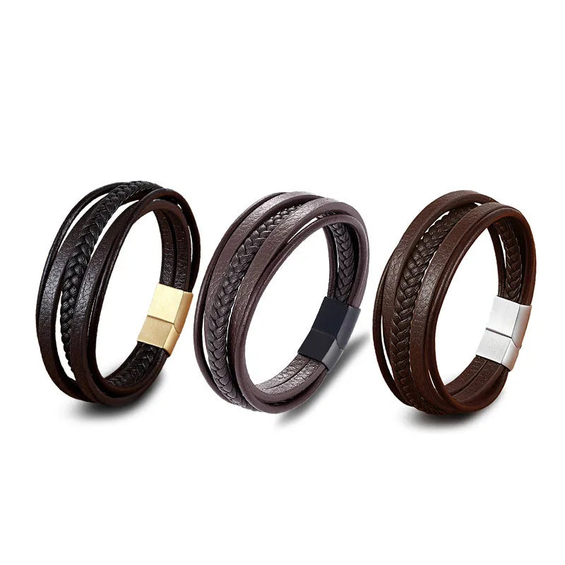 European Men Fashion Black Leather Braided Bracelet Stainless Steel Magnetic Clasp Charm Bangles Wholesale Man Bracelets
