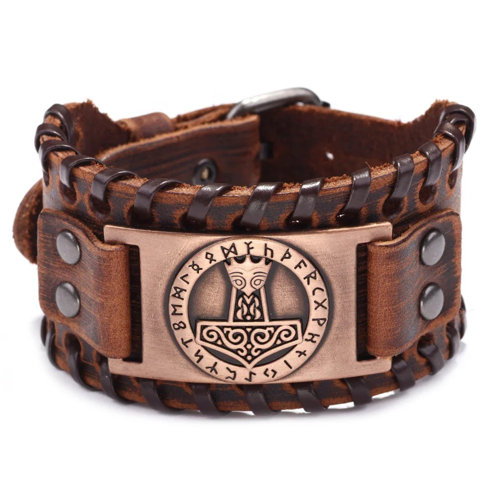 MECYLIFE Mens Viking Leather Wristband North Viking Toten Thor's Hammer Wide Genuine Leather Cuff Bracelet