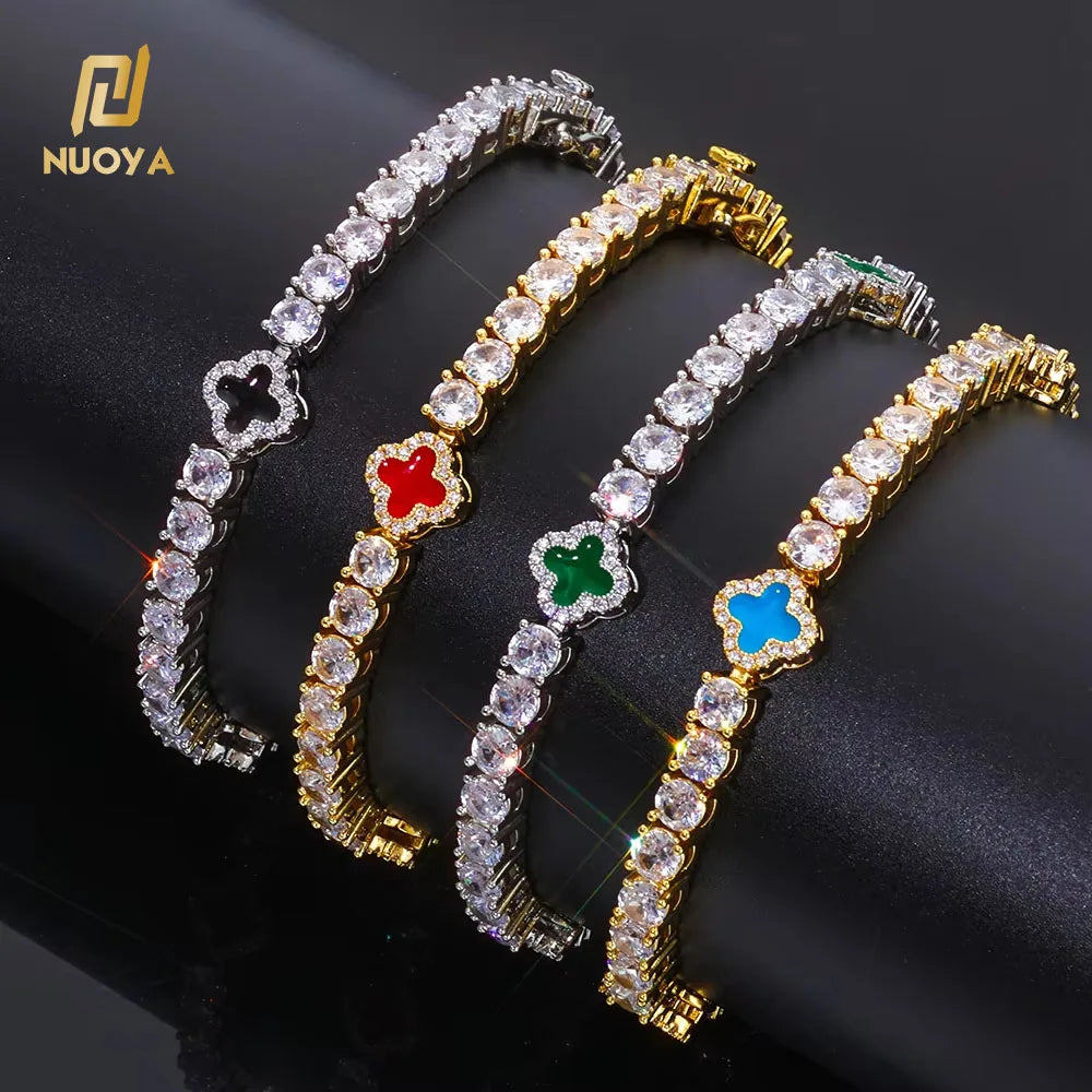 NUOYA Women's Gold Plated Tennis Chain Iced Out CZ Stones Four Leaf Clover Design Bracelet Fine Hip Hop Jewelry