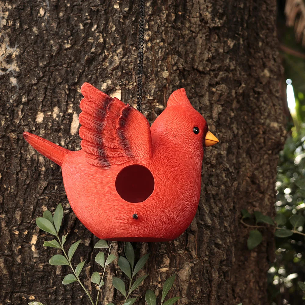 Vibrant Red Cardinal Bird Feeder Resin Ornament with Metal Chain Realistic Feathers & Seed Opening Outdoor Garden Decor