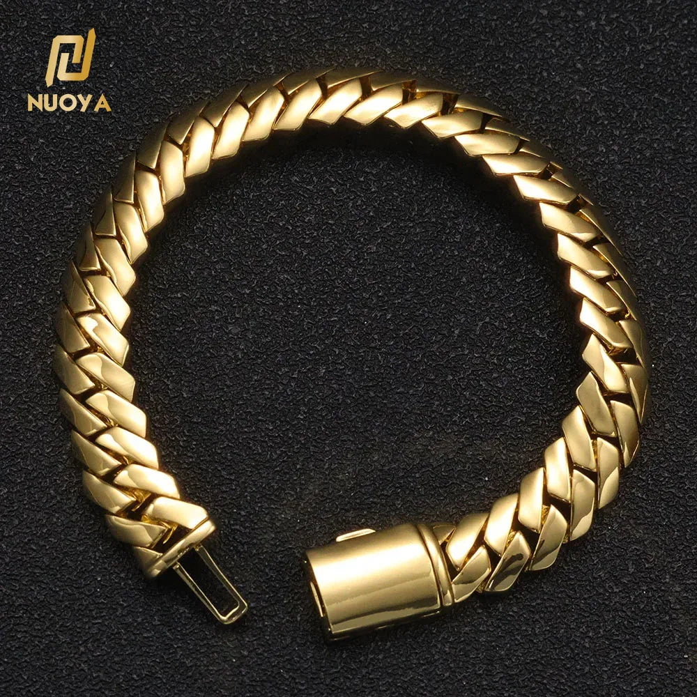 NUOYA 12mm Miami Cuban Link Chain 18K Gold Plated Brass Hip Hop Jewelry Custom Rapper Men's Bracelet Gift