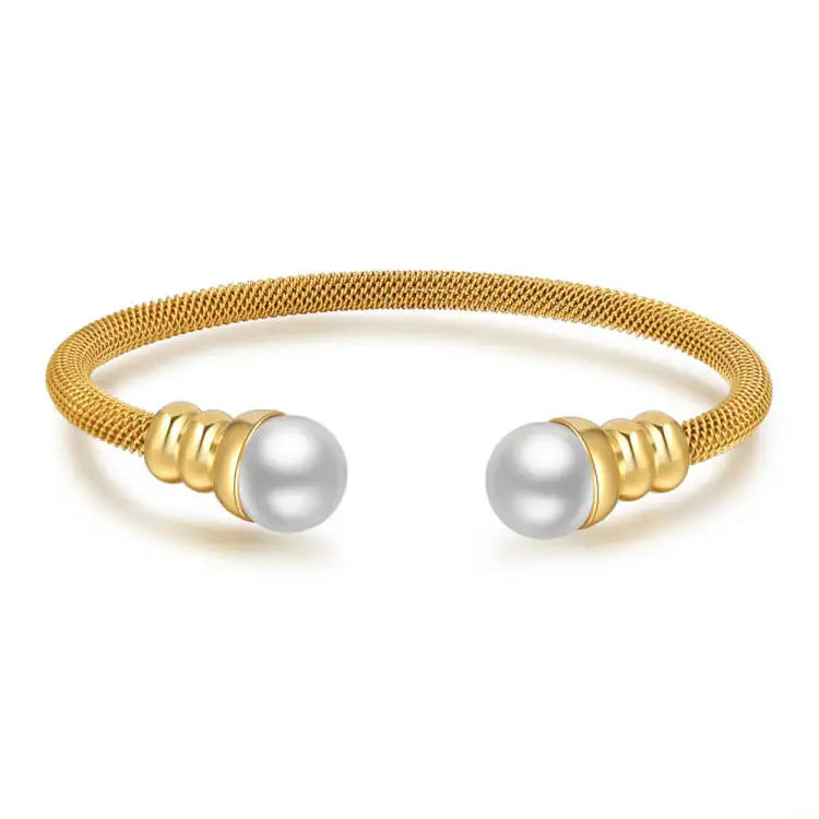 Hawaiian Gold Plated Stainless Steel C Shape Jewelry Adjustable Bangles Pave Pearl Cuff Bangle