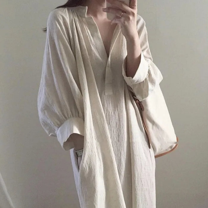 Wholesale 2026 Spring and Autumn New Lazy Style Cotton and Linen Shirt Dress Loose Large Size Fashion Slim French Long Dress