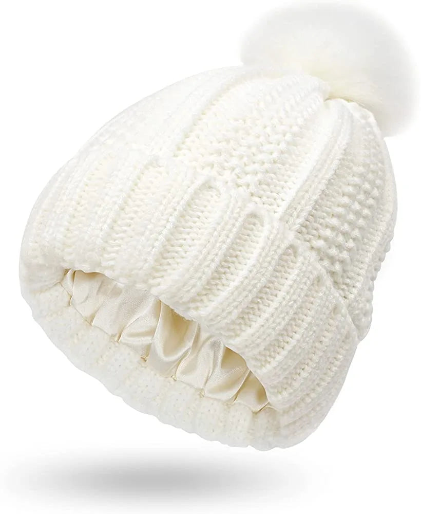Women's Winter Warm Knit Cap with Faux Fur Pom Satin Lined Beanie Hat for Travel Headwarmer