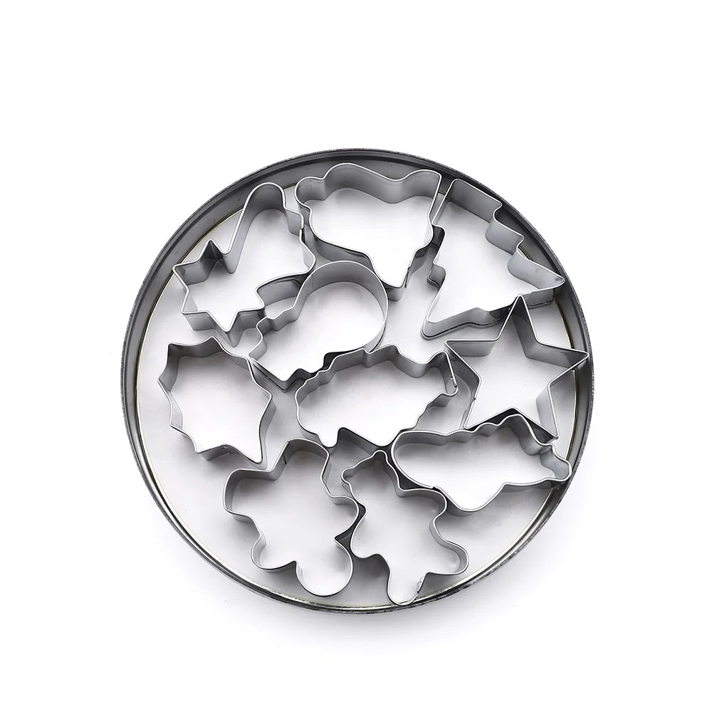 10 Pcs 3D Printing Stainless Steel Cookie Cutter Set Christmas Holiday Cookie Mold With Tin Box