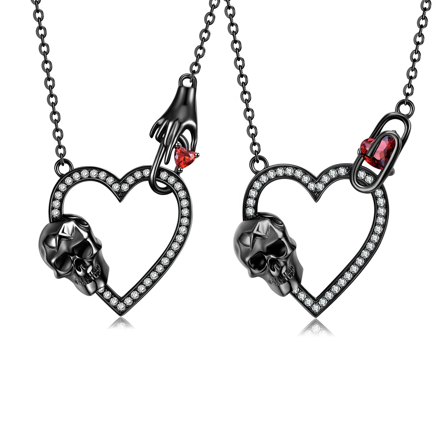 Paper Clip Skull Skeleton Cutout Heart Shape Pendant Necklace with CZ Authentic 925 Sterling Silver for Women Fashion Jewelry