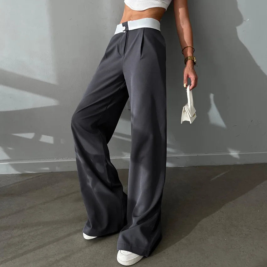 Enyami Y2K Streetwear Female Grey Ladies Office Workout Trousers Plus Size High Waist Wide Leg Palazzo Pants Women