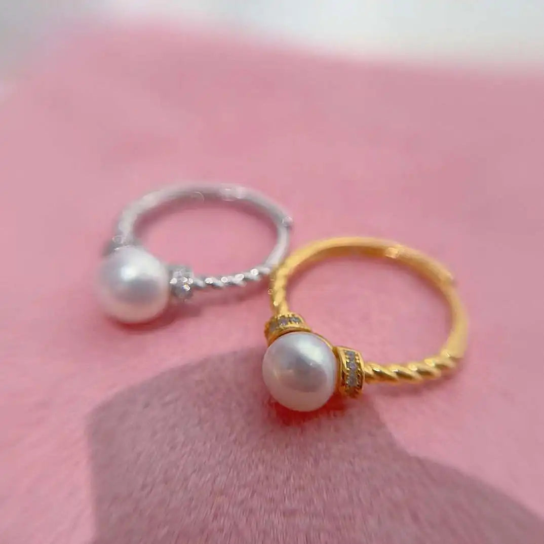 High Quality S925 Sterling Silver Freshwater Pearl Ring 8-9mm Fried Dough Twists Popular for Girls