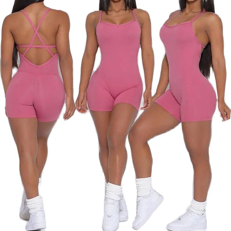 Seamless One-piece Yoga Gym Fitness Wear Outdoor Beautiful Backless Sports Breathable Suit Nylon Sport Short Jumpsuit Playsuit