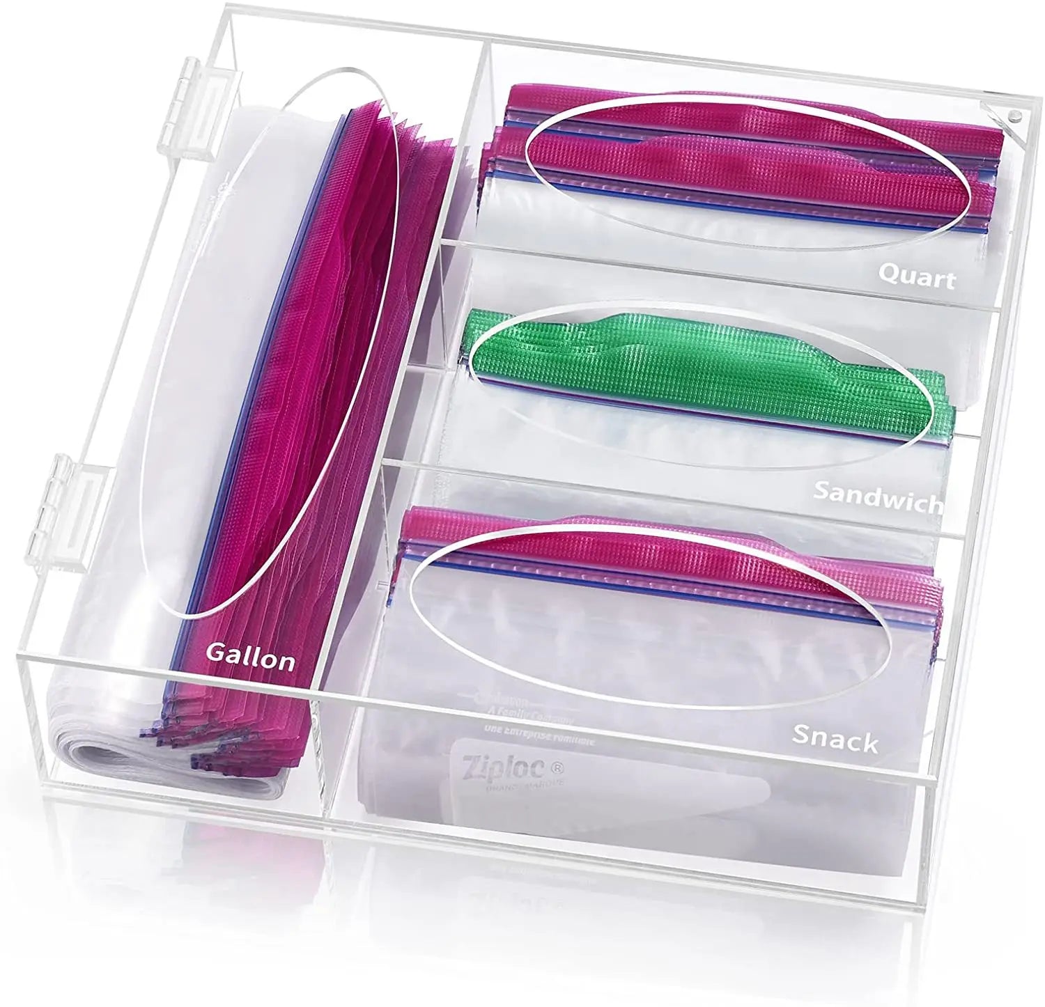 Ziplock Food Bag Storage Organizer Acrylic Kitchen Drawer Baggie Box for Freezer Sandwich Snack Variety Size Bags Clear Color