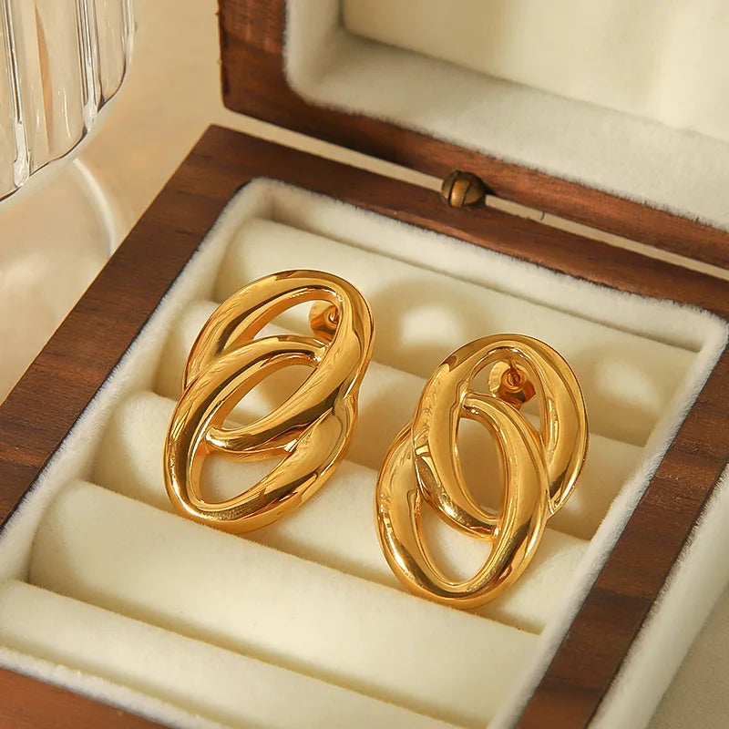 2024 Fashion Jewelry 18k Gold Plated Vintage Women Earrings Double Loop Thick Stainless Steel Waterproof Earrings YF3871