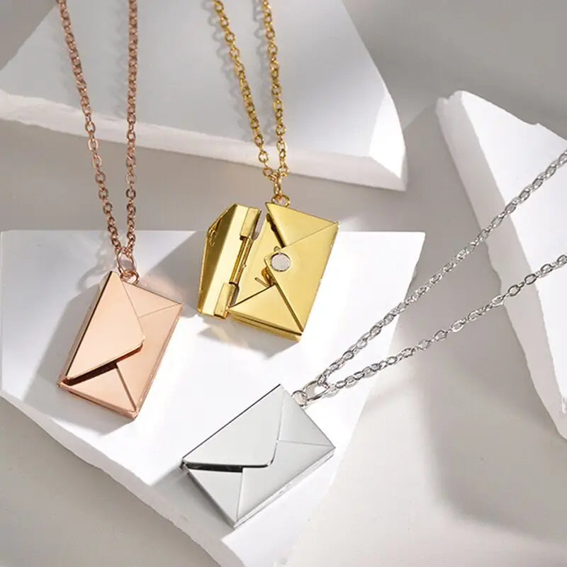 New Arrival Custom Logo Name Love You Envelope Locket Necklace Mother's Day Jewelry Gold Plated Mail Charm Necklace for Women