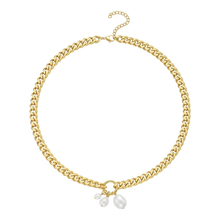 High Quality 18K Gold Plated Stainless Steel Jewelry Natural Pearl Pendant Thick Cuban Chain Necklaces P213208