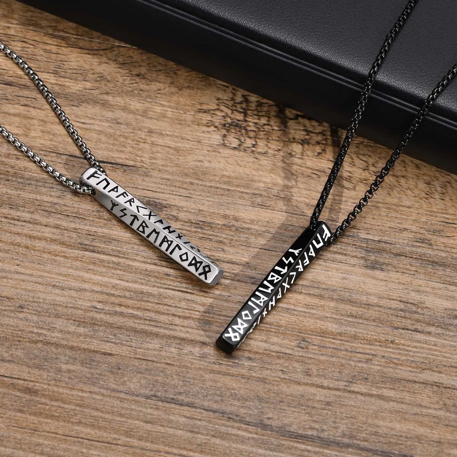 Punk Stainless Steel Viking Rune Symbols Necklace With Pearl Chain Polished 3D Mobius Vertical Bar Pendant Necklace for Men