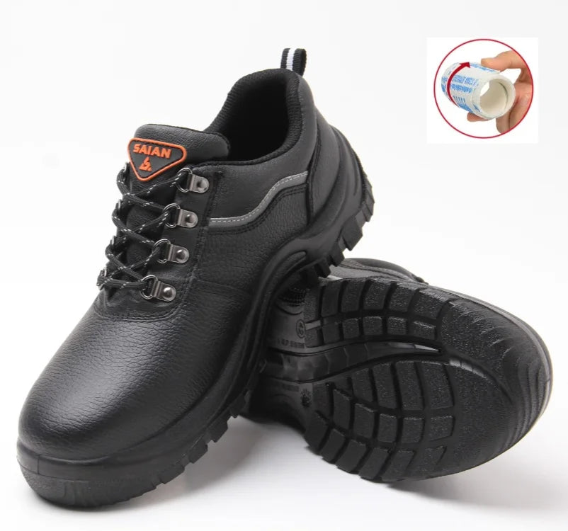 Men's Comfortable Black Grain Leather Steel Toe Safety Shoes Classic Design Breathable Feature for Factory Construction Low