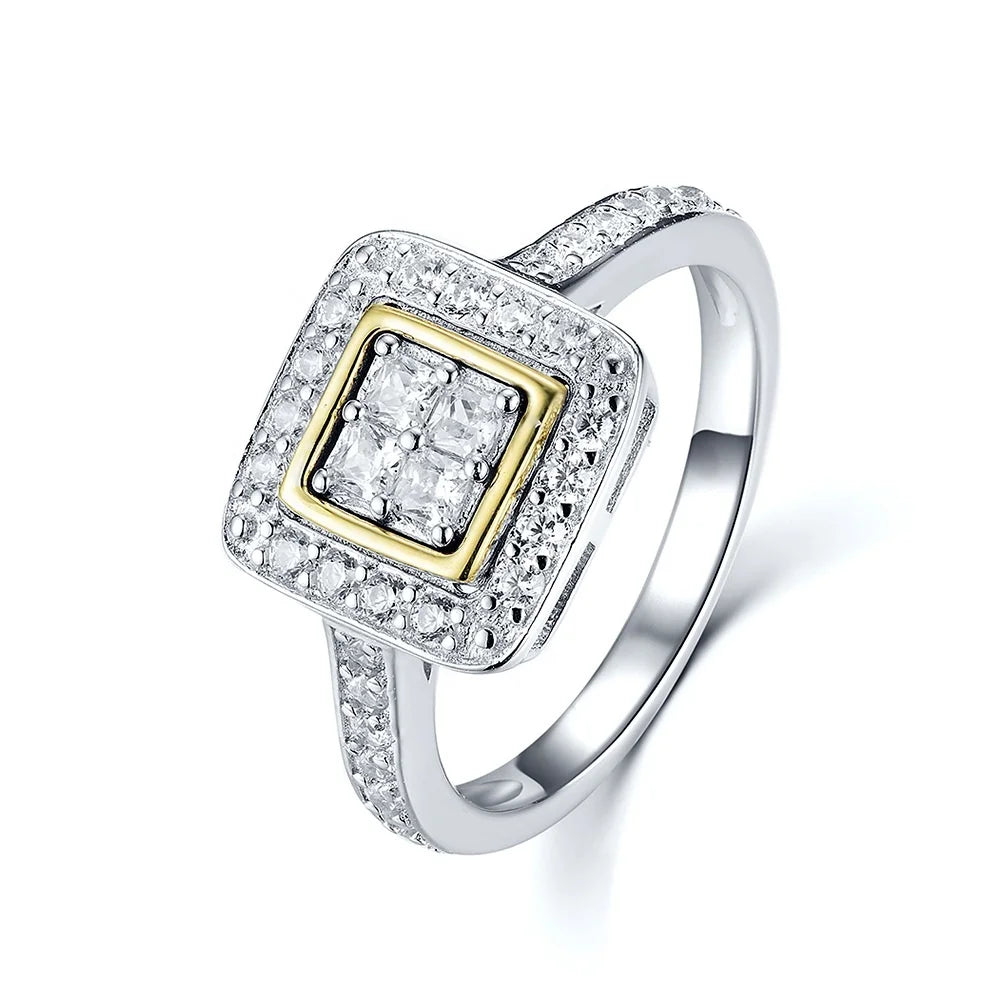 Wholesale Sterling Silver Princess CZ Engagement Ring Dainty Women 9K Gold Pave Setting Promise Ring Party Gift