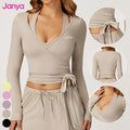 Janya Women's High Quality V Neck Brushed One-Piece Strap Fitness Top Long Sleeve Breathable Activewear Nude Feeling Yoga Jacket