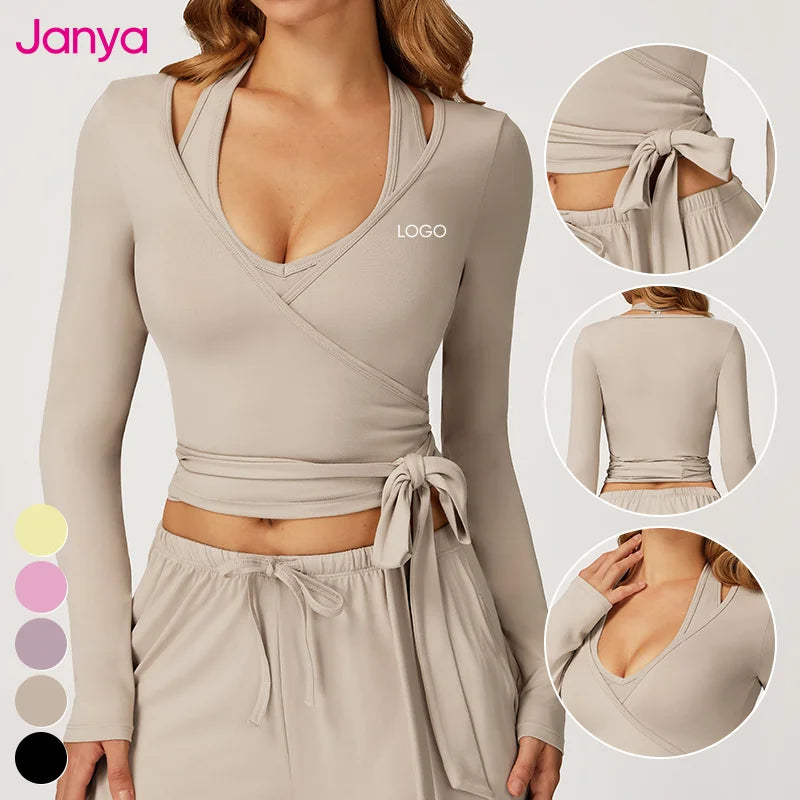 Janya Women's High Quality V Neck Brushed One-Piece Strap Fitness Top Long Sleeve Breathable Activewear Nude Feeling Yoga Jacket