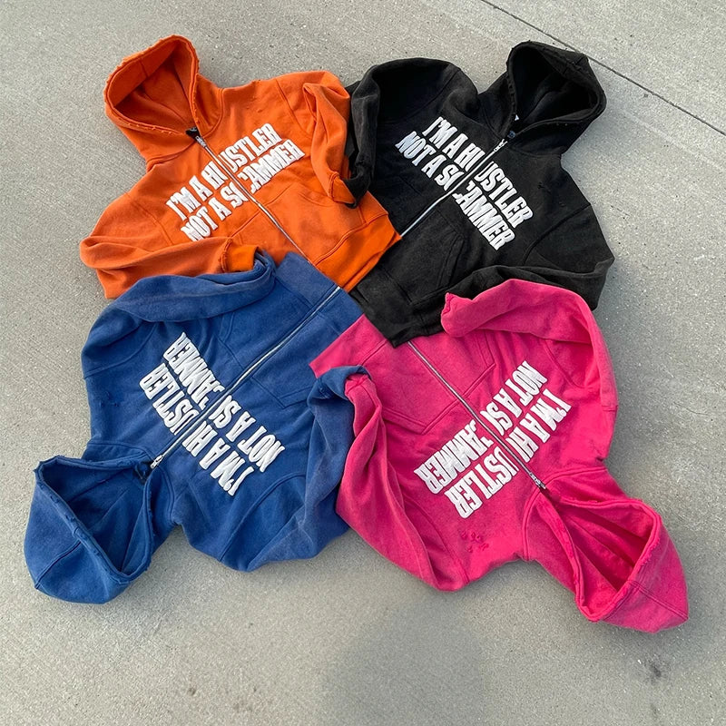 OEM Aicd Washed Zip up Hoodie Vintage 3d Foam Puff Printing Logo Oversized Hoodies for Men
