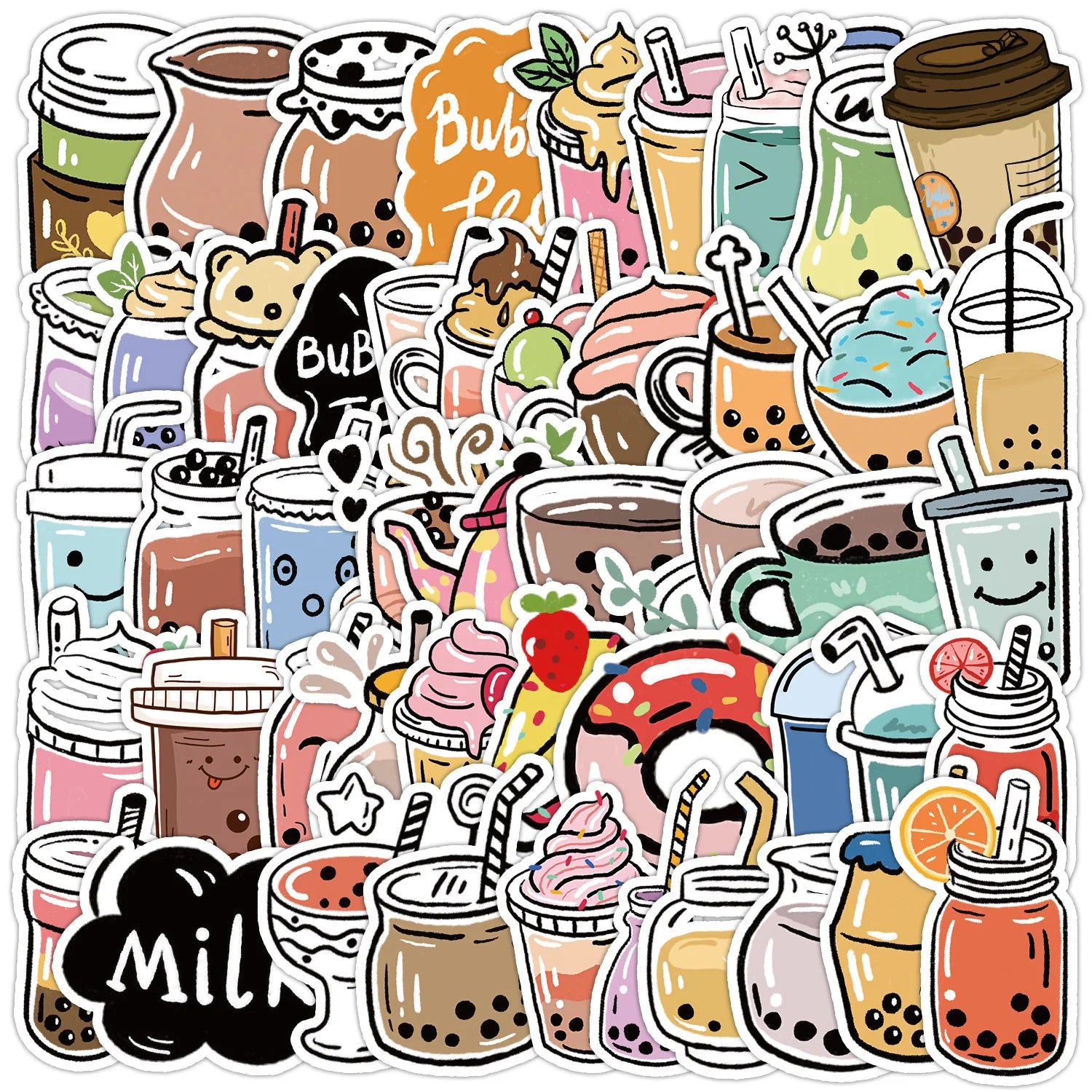50Pcs Colorful Cartoon Bubble Tea Decorative Stickers for Kid Table Wall Waterproof Vinyl Milk Tea Sticker
