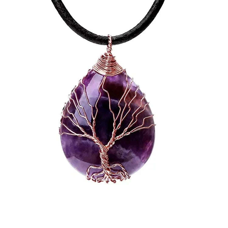 Wire Wrapped Gemstone Chakra Amethyst Opal Pendant Necklace Teardrop Carnelian Necklace Tree of Life Crystal Necklace Women