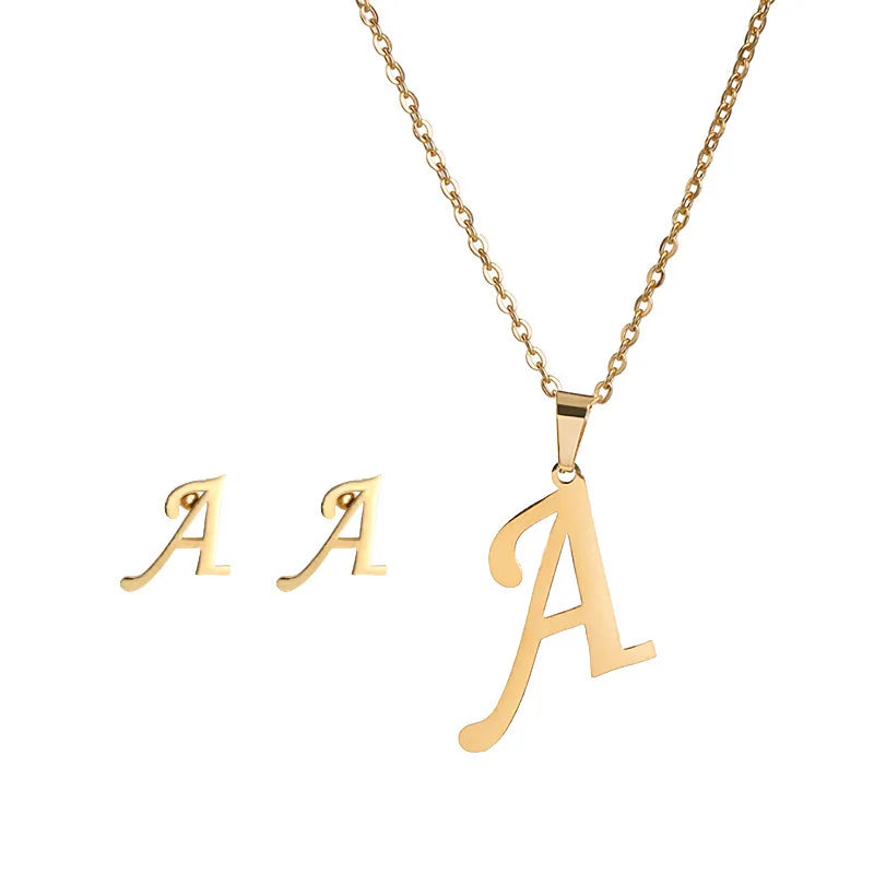 AA00203 Stainless Steel Letter Necklace Earrings Jewelry Set A-Z Alphabet Pendant Initial Necklace Stud Earrings Set