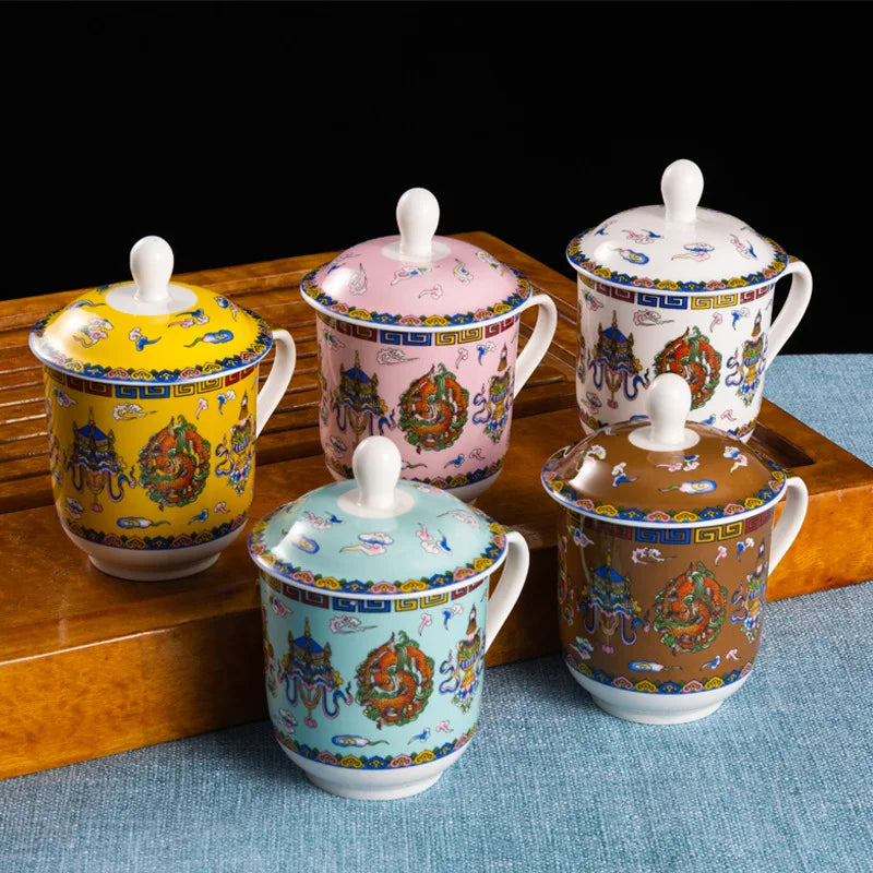 8 Auspicious Ceramic Mugs Tibet Buddhism Decal Modelled After Antique Elegant Cup Collection