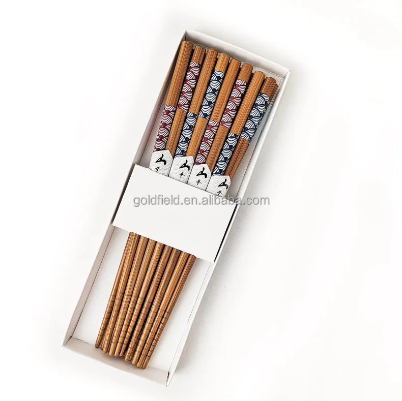 Eco-Friendly Business Gift Set of 8 Bamboo Chopsticks with Sea Wave Pattern