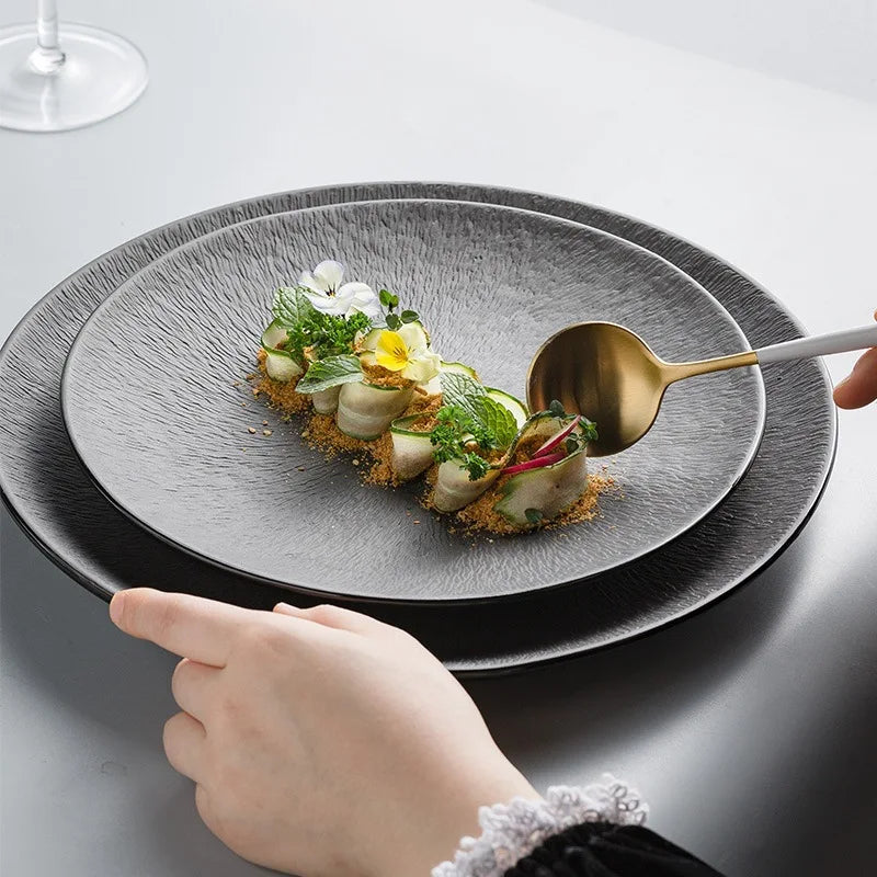 Creative European Style Ceramic Western Dishes Rock Texture Catering Tableware Salad Steak Serving Tray for Restaurant Hotel