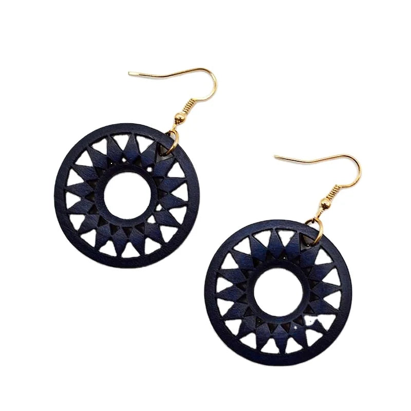 Wood Gear Hollow Gold Hook Earrings Fashion Christmas Black Women Girls Retro Round Circle Hoop Laser Cut Wooden Earrings