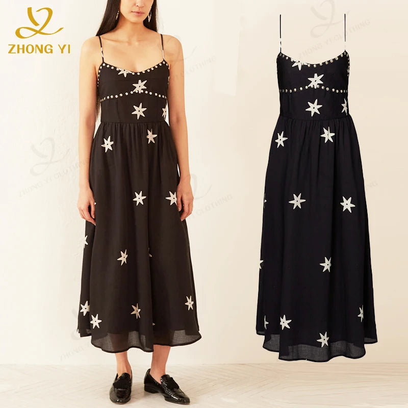 Custom Elegant Dresses for Women Summer Sexy Sleeveless Strap Long a Line Beading Start Print Vintage Casual Party Midi Dress
