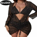 OEM Twinkle Plus Size Solid Star Printed 3 Piece Bikini Set Beach Wear High Waist Swimsuit Fat Women Swimwear With Cover up