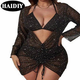 OEM Twinkle Plus Size Solid Star Printed 3 Piece Bikini Set Beach Wear High Waist Swimsuit Fat Women Swimwear With Cover up