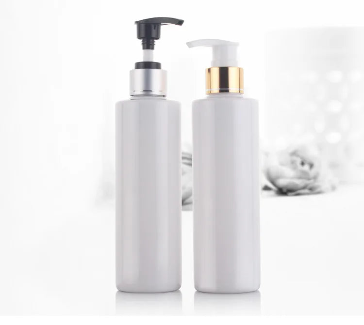 250ml PET Bright Gold Anodized Screw Pump Bottle White Flat Shoulder Cosmetic Container for Lotion and Shampoo