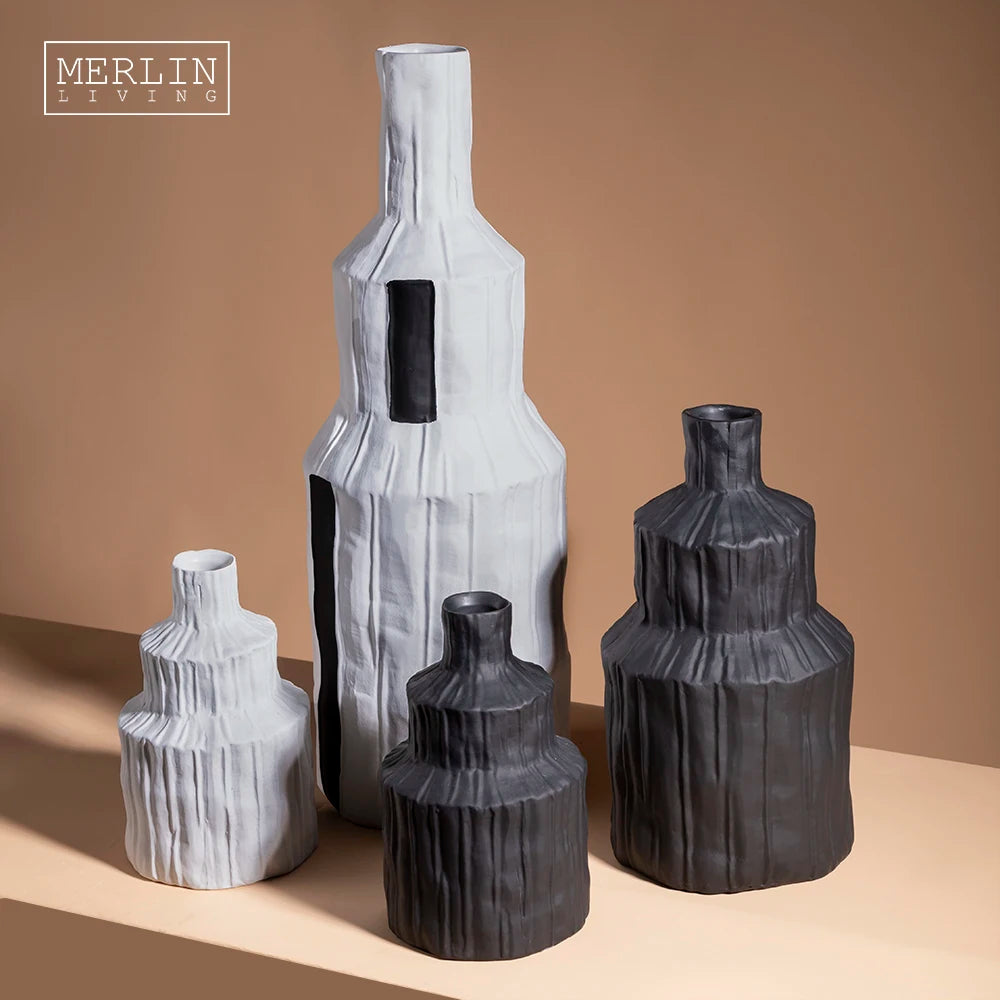 Merlin Living Nordic Modern Flower Bottle White Ceramic Vase with Textured Ink Industrial Style Matte Luxury Home Decor Cylinder