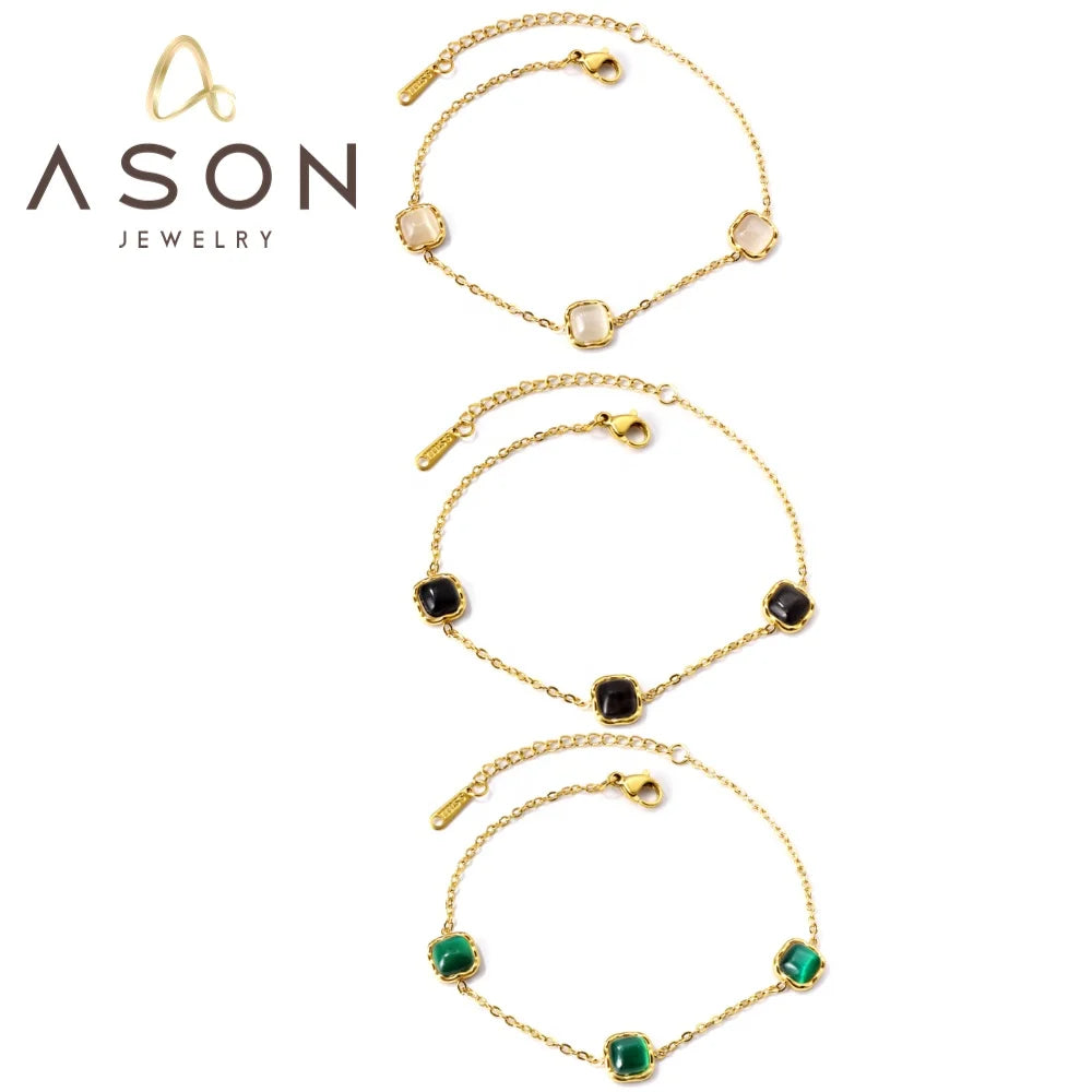 Ason Jewelry New Fashion Stainless Steel Charm Bracelet 18k Gold-plated Square Cat's Eye Stone Pendant Bracelet