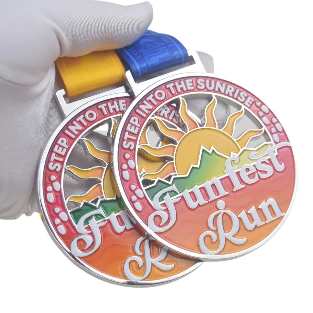 Manufacturer Wholesale Customized UV Printing Cutout Cute Philippines Sunrise Fun Fest Run Zinc Medal for Souvenir Event