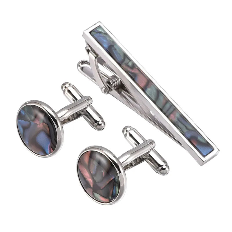 Wholesale Abalone Shell Stone Mother Pearl Cufflink Tie Clip Set Custom Men Suit Shirt Tie Pin Wedding Tuxedo Cufflinks Tie Bar