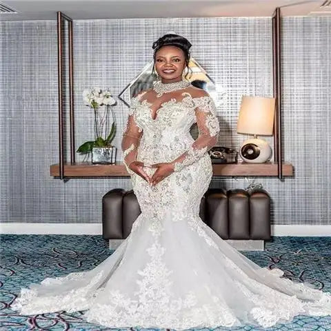 AL1420 Luxury White Mermaid Wedding Dress for African Bride Wholesale Heavy Beaded Lace with Flowers Decoration Long Sleeve