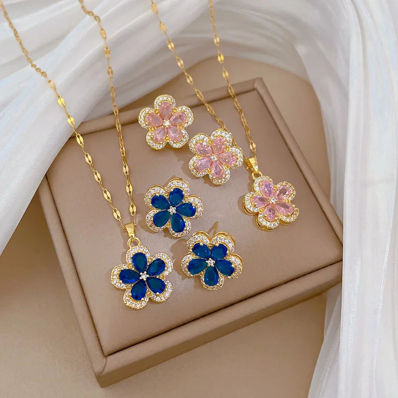 BS Stainless Steel Gold Diamond Five Clover Necklace Earring Pendant Necklace Set for Women Flower Jewelry Set
