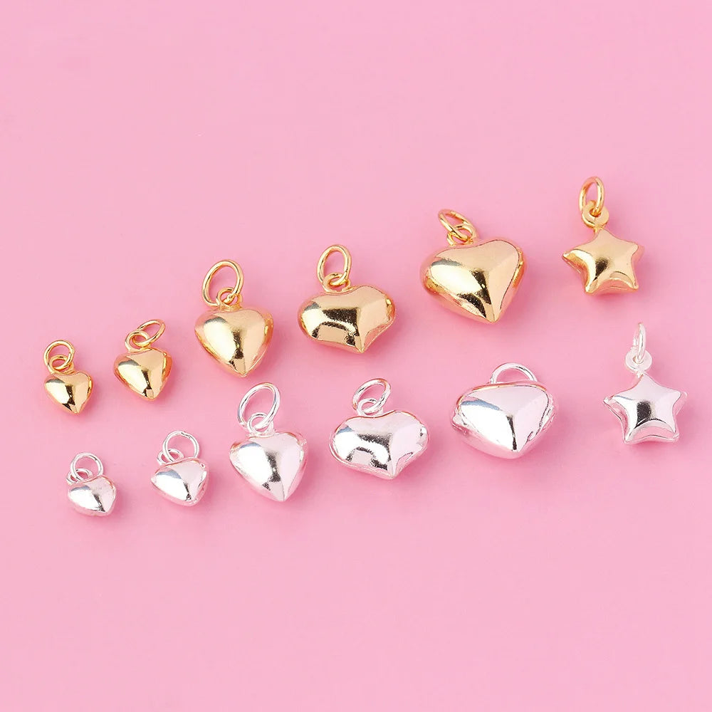 5mm -11mm Solid 925 Sterling Silver Gold Plated Polished Puffed Heart Star Pendants for Jewelry Making