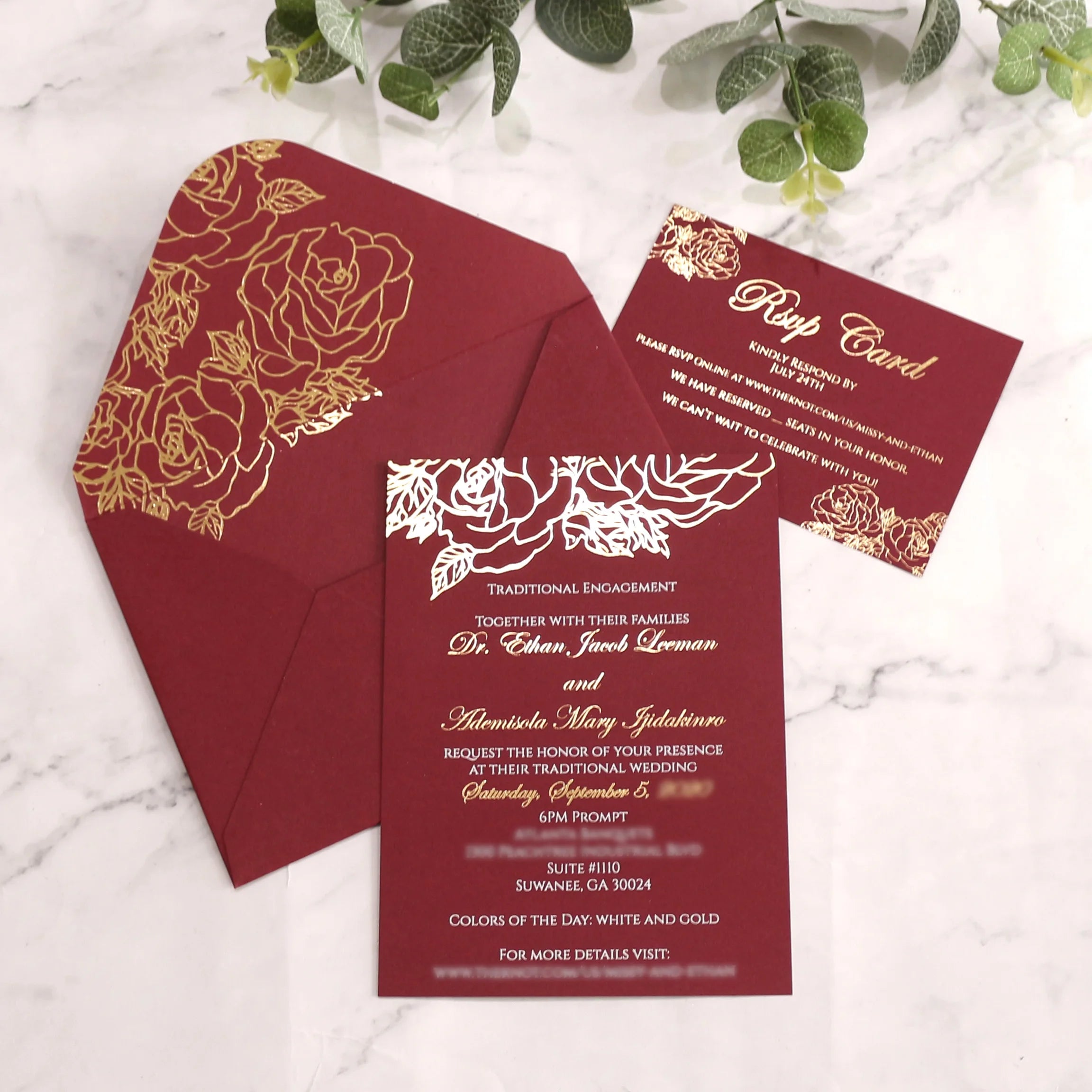Engagement Burgundy Paper Birthday Invitation Card with Gold Foil RSVP Card and Envelope for Wedding&Birthday Invitations