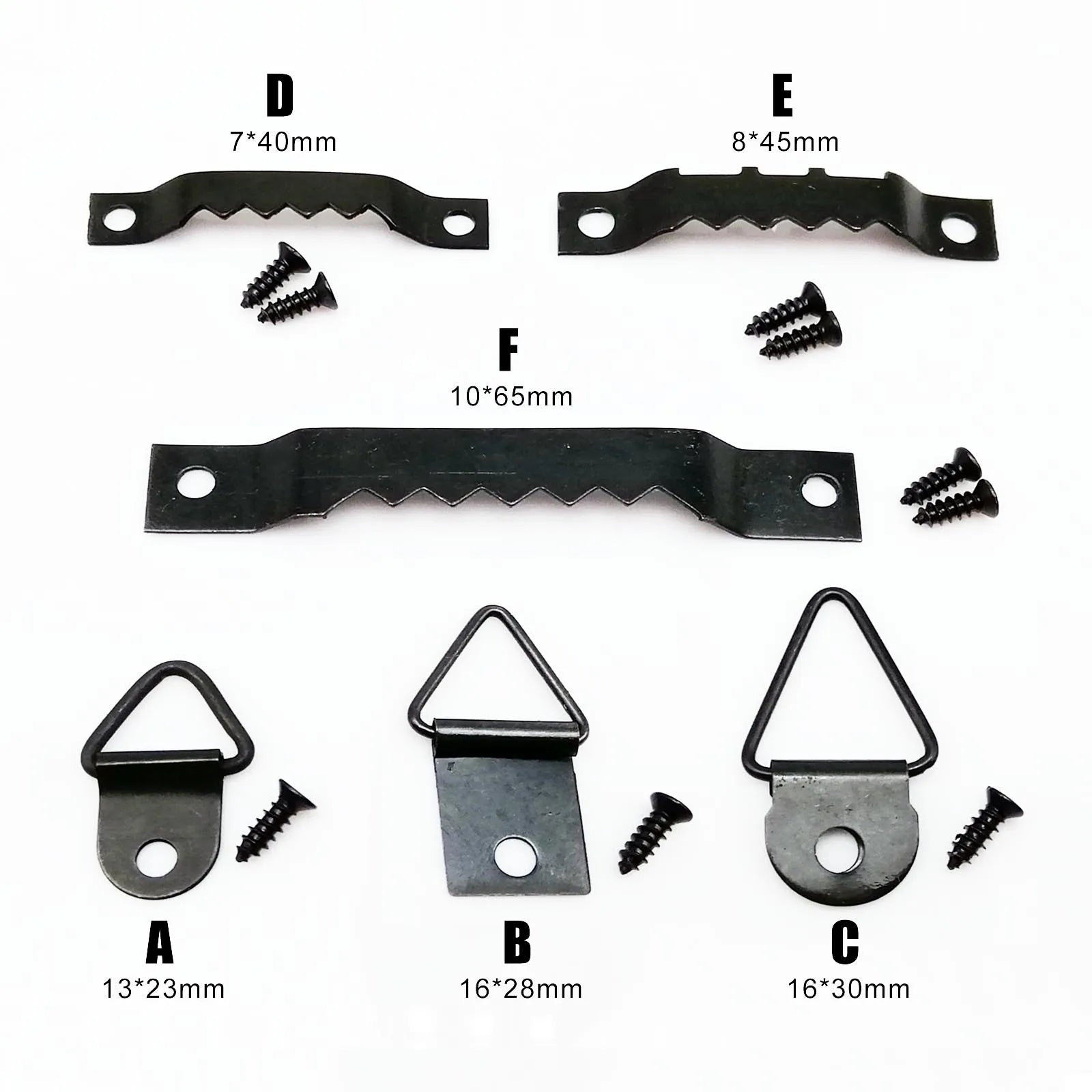 25pcs Black Triangle D-Ring Sawtooth Picture Photo Frame Hanger Art Work Oil Painting Mirror Saw Tooth Hook With Screw 6 Types