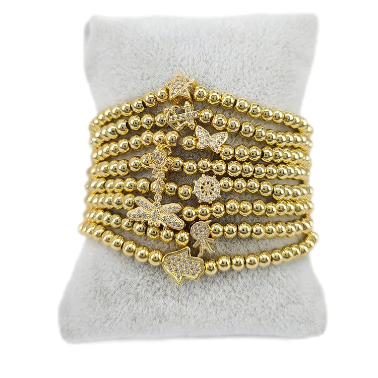 BC1407 18k Gold Plated Mini Minimalist Diamond CZ Micro Pave Heart Anchor Butterfly Star Hamsa Hand Charms Ball Beaded Bracelet