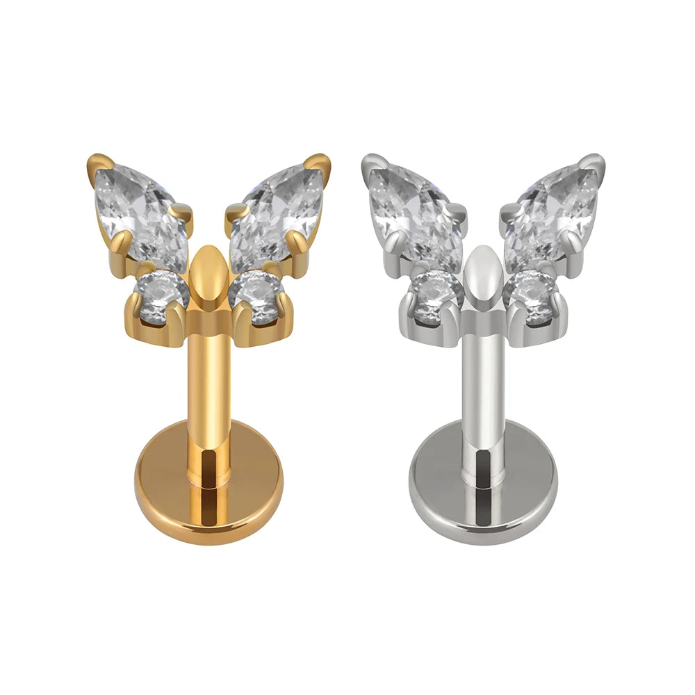 Right Grand ASTM F136 Titanium Internal Thread Butterfly Cubic Zirconia Ear Tragus Helix Labret Ring Piercing
